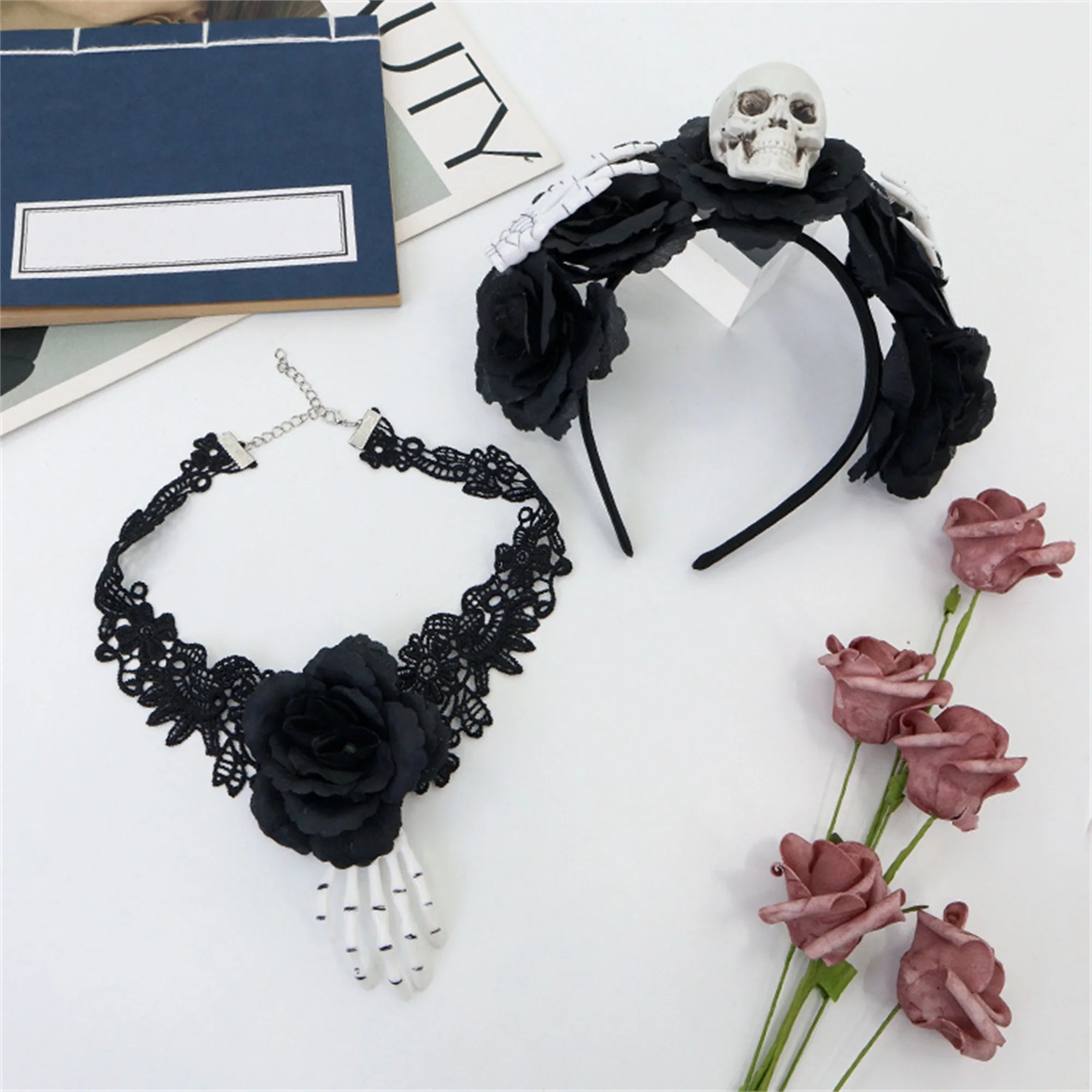 Gothic Schwarze Spitze Spinnennetz Stirnband und Halsband Halskette Set für Halloween Kostüm Party Damen Accessoires