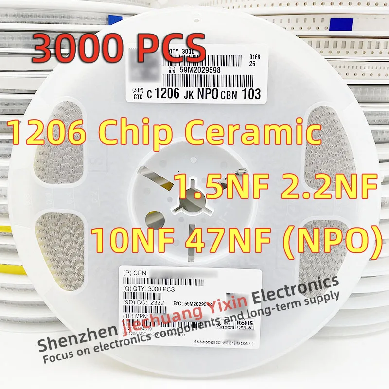 

Chip Ceramic Capacitor 1206 1NF 1.5NF 2.2NF 10NF 47NF 1000V 1KV 5% accuracy NPO(COG) material 3216 Capacitance 3000pcs