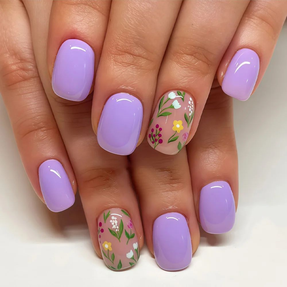 24Pcs Polka Dot White Lace French Press on Nails Full Cover Pink Flower Short Square False Nails Fashion Reusable Fake Nail Tips