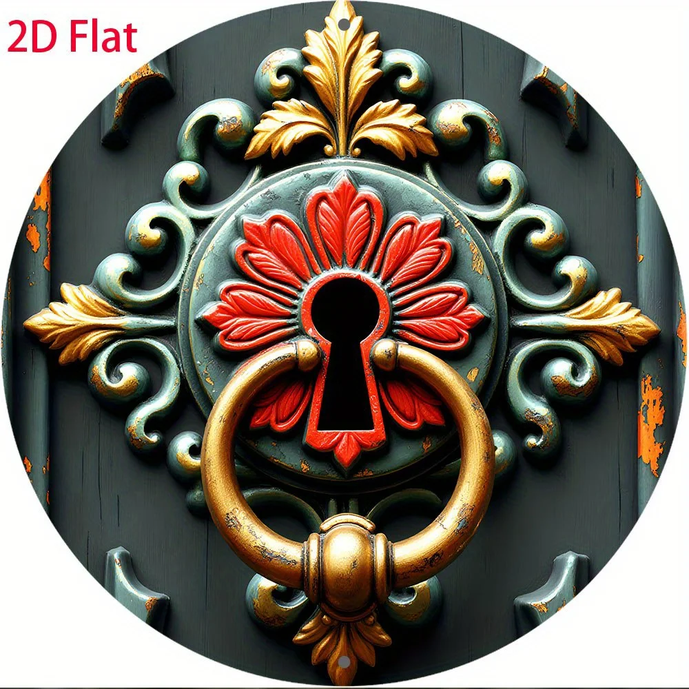 2D Flat, 2D Flat, 2D Flat Printing 1pc Metal Sign 2D Flat, Vintage Door Knocker with Keyhole Design - 8-Inch Round Wall Art, Gre