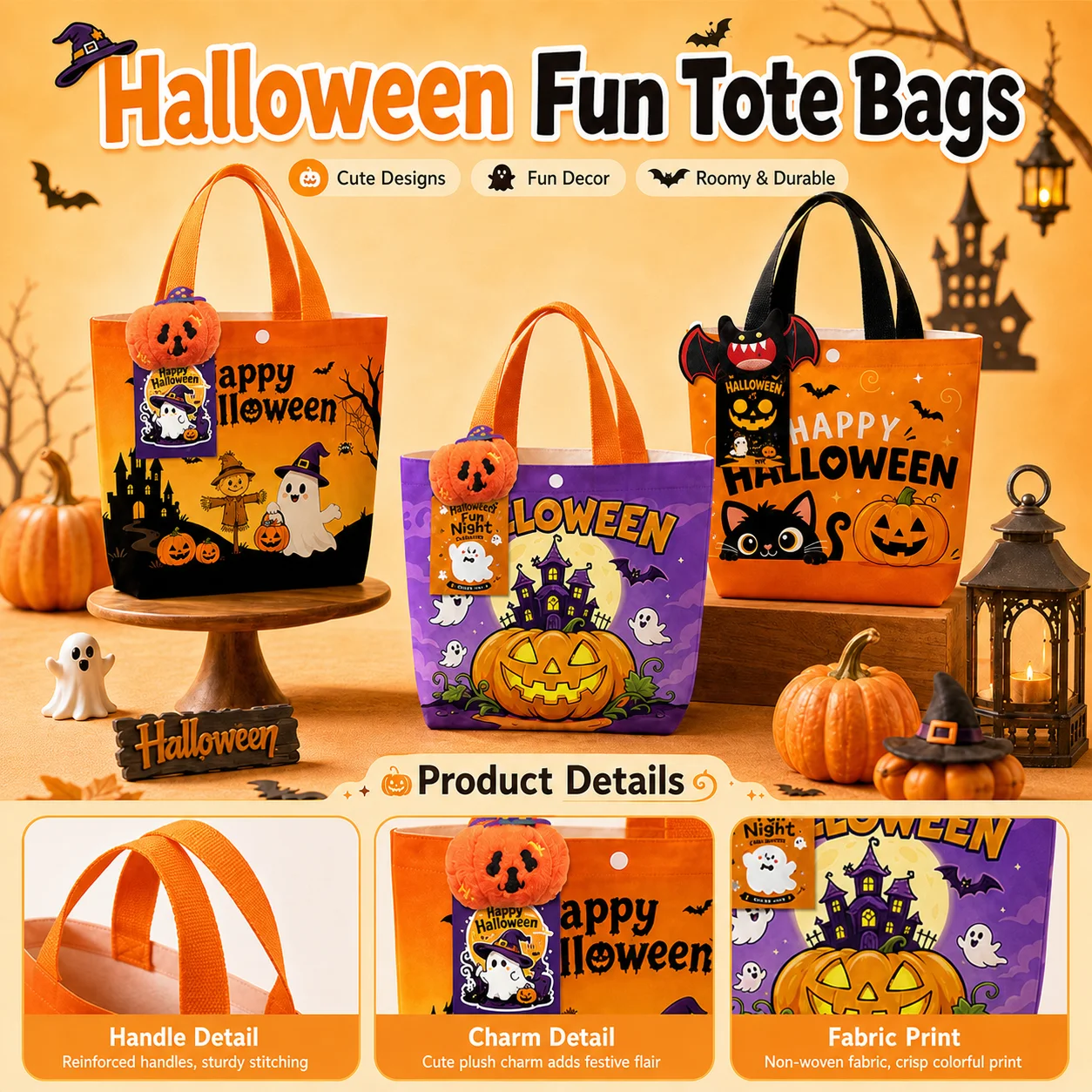 Pumpkin Ghost Pattern Bag Halloween Themed Shopping Bag Reusable Tote Bag Canvas For Daily Short Shopping Halloween Theme Trick