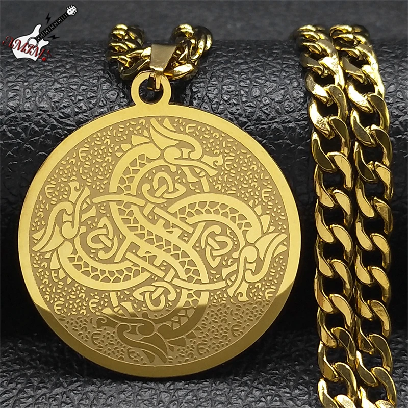 Hip Hop Celtic Knot Dragon Necklace for Men Women Stainless Steel Gold Color Male Amulet Chain Jewelry colar masculino NZZZ548S6