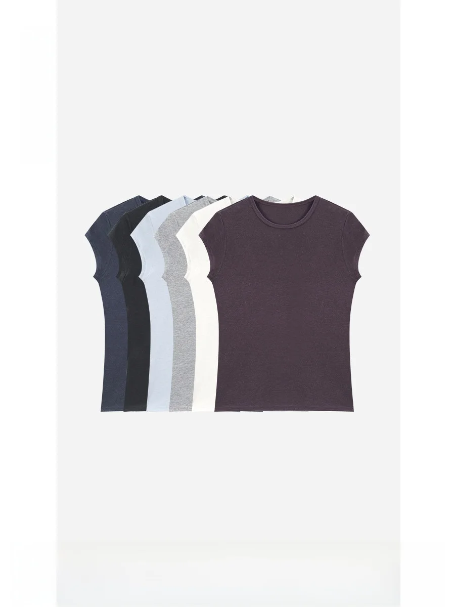 

LAN Spring New Linen Wool Lyocell Short Sleeve Knitted T-Shirt Women's CL1TX006 Simple Style Pure Color Standard Fit Daily Wear