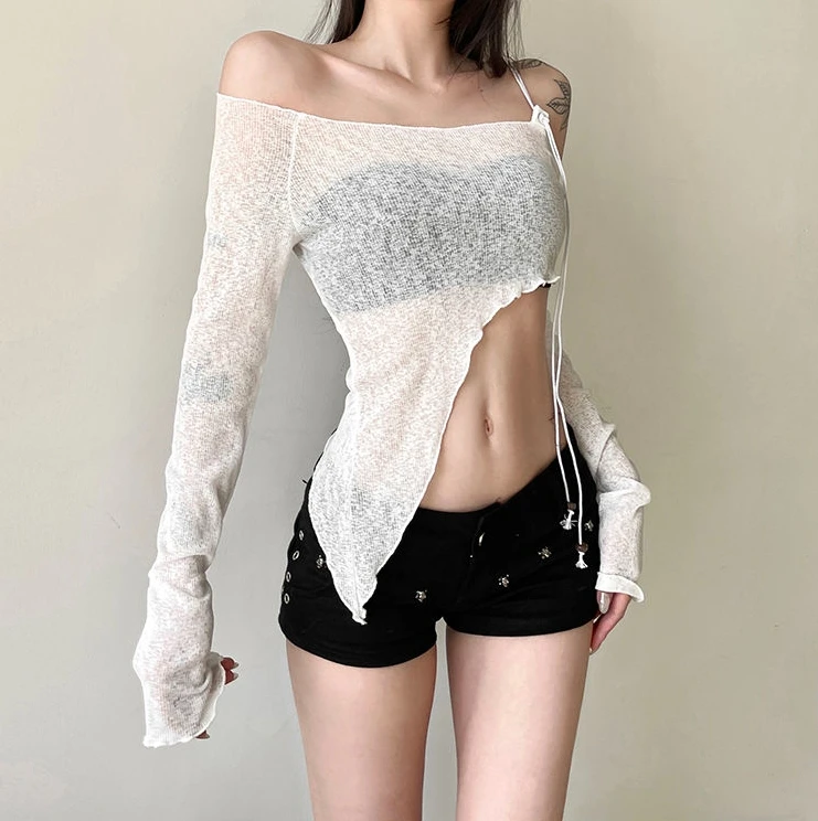 

Sexy and seductive spicy girl style slanted collar irregular design short crop top with exposed navel women's clothing