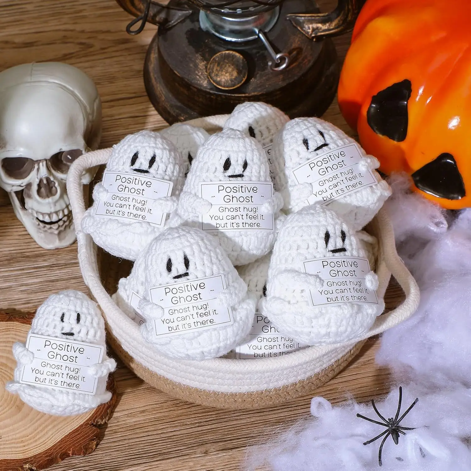Creative Funny Handmade Knitted Positive Ghost Halloween Home Decoration Crochet Ghost Cat Knitted Doll With Card Christmas Gift