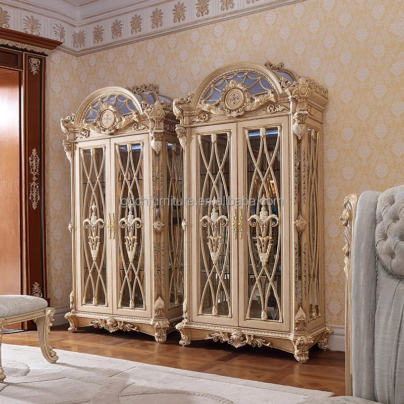European Luxury Antique Wooden Display Cabinet French Vintage 2 Doors Glass Vitrines Hand Work Marquetry Cabinets