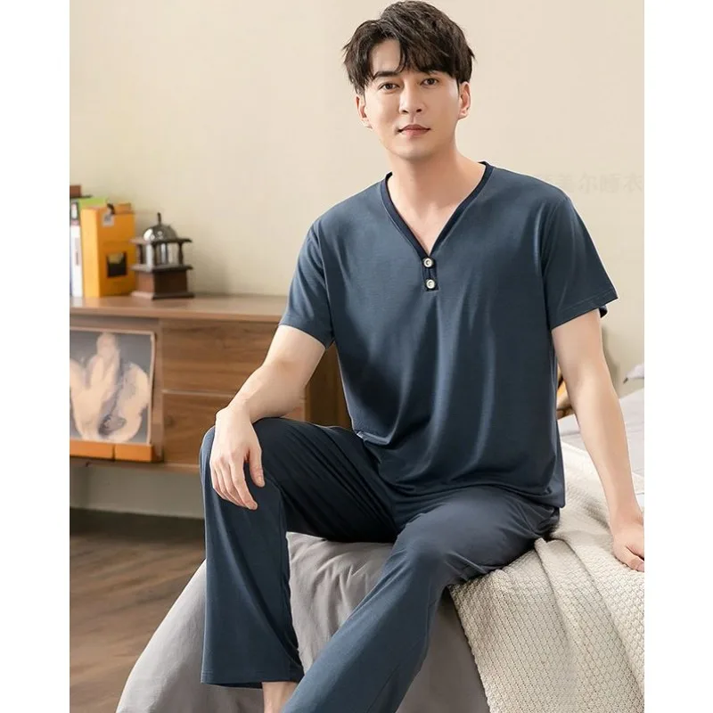 Modal Top Grade Men Pajamas Summer Suit Thin Short-sleeved Trousers Relaxed Enlarged Loungewear Can Worn Outside Pajama Set