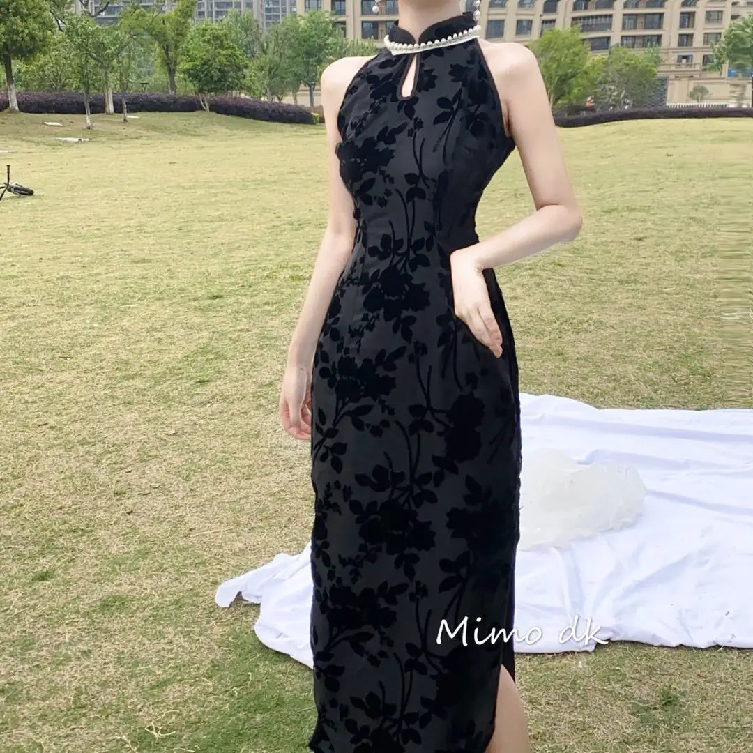 Black Pearl Collar Sleeveless Improved Cheongsam Mid-length Slim Dress Qipao Chinese Style Elegant Bodycon Party Wedding Dress