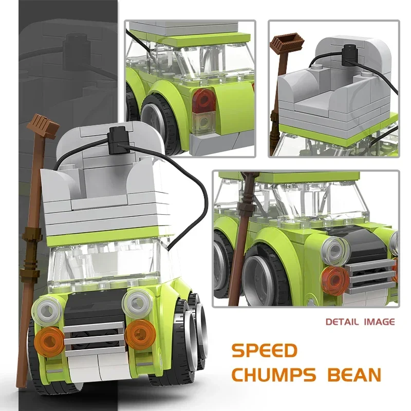 Accesorios clásicos de película, bloques de construcción de automóviles verdes, MOC-51175 Mr. Beanss, Mini techo de coche con sofá, modelo de ensamblaje, juguete para regalo para niños