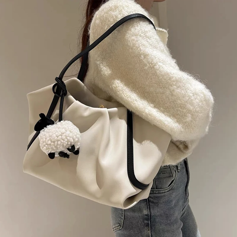 MEDIOW Korean Casual Tote Bags For Women Luxury Designer Handbag Purse 2024 New In PU Cartoon Ornaments Ruched Underarm Shoulder