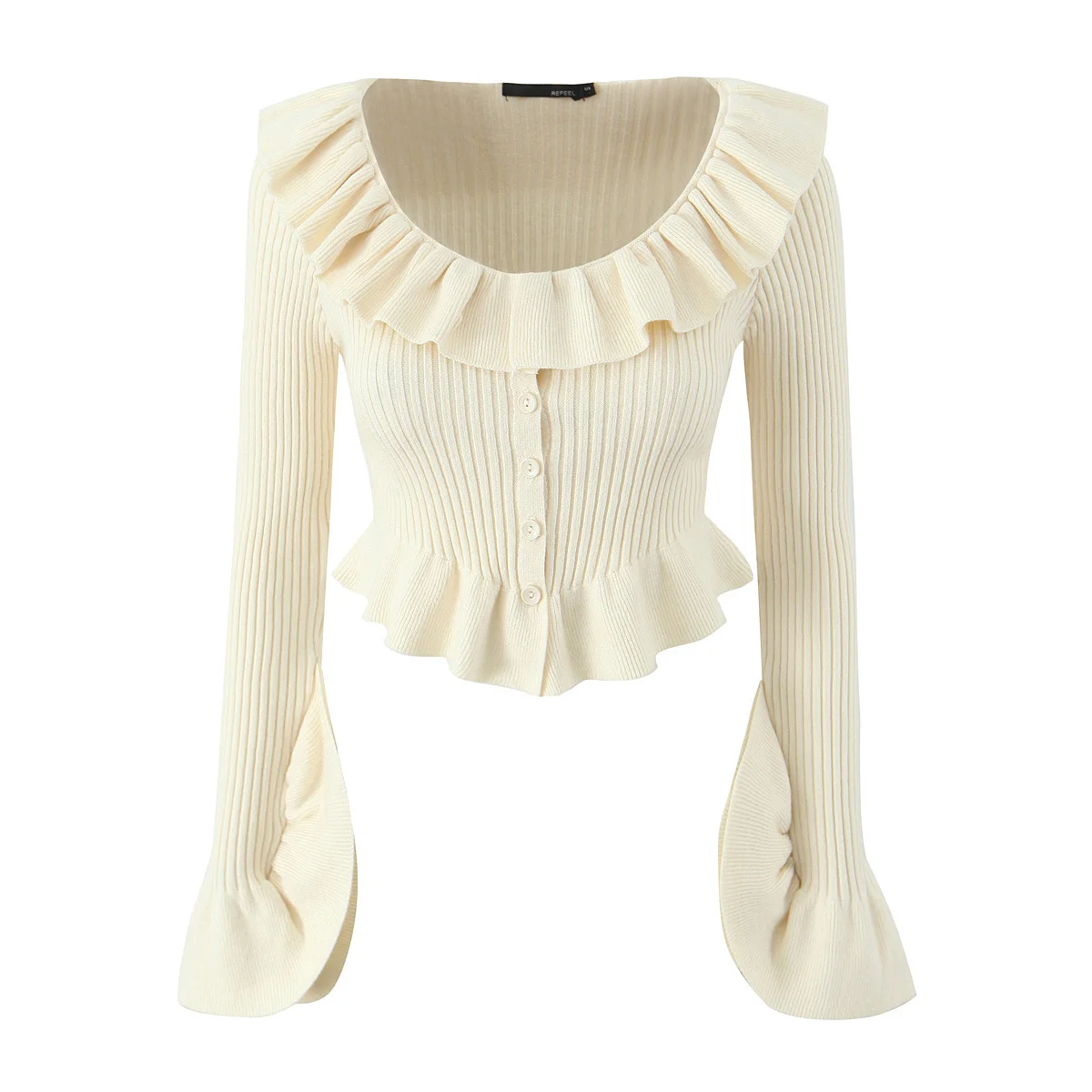 2024 autunno inverno orecchie di legno Ruffles V Collar Rib Cardigan lavorato a maglia donna Full Flare Sleeve Slim Stretch maglieria maglione Beige