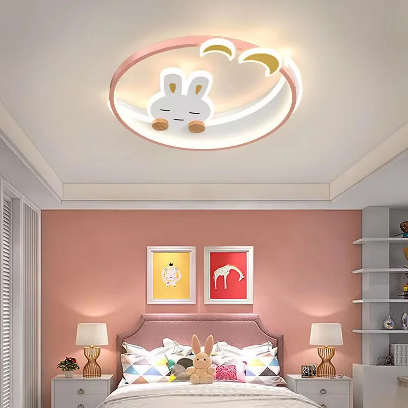 Cartoon rabbit moon chandeliers kids room ceiling lamp pink pretty babys girls room light ceiling люстра потолочная led plafon