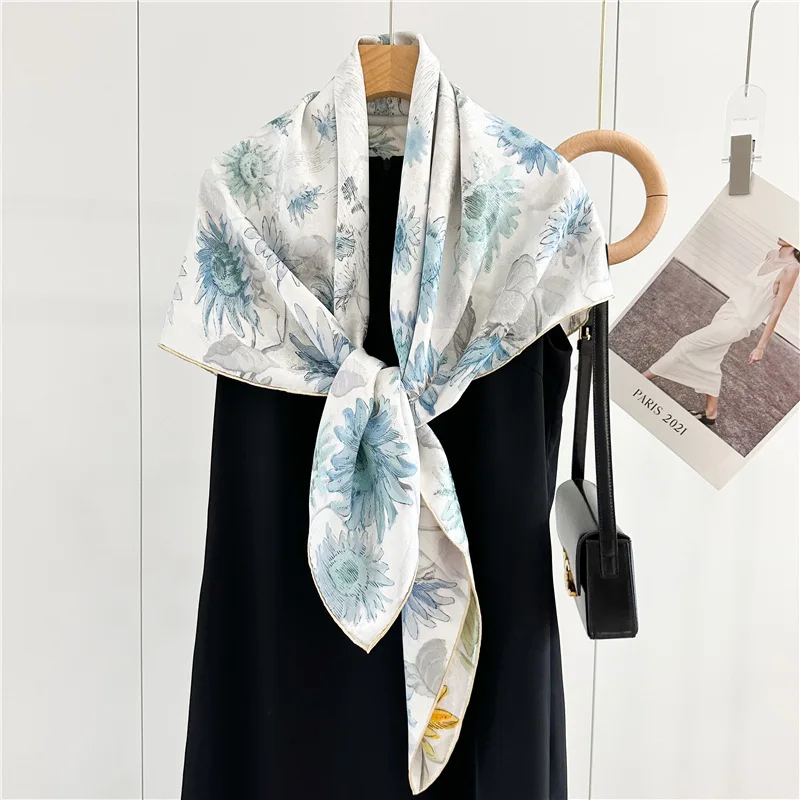 Brand Design Women Fashion Double Side Print Silk Scarves 90*90cm Flower Jacquard Lady Silk Scarf for Head