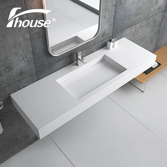 Modern Wall-hung Hotel Use Rectangle Solid Surface Polished Bathroom Sink With Drainer And Stone Basin