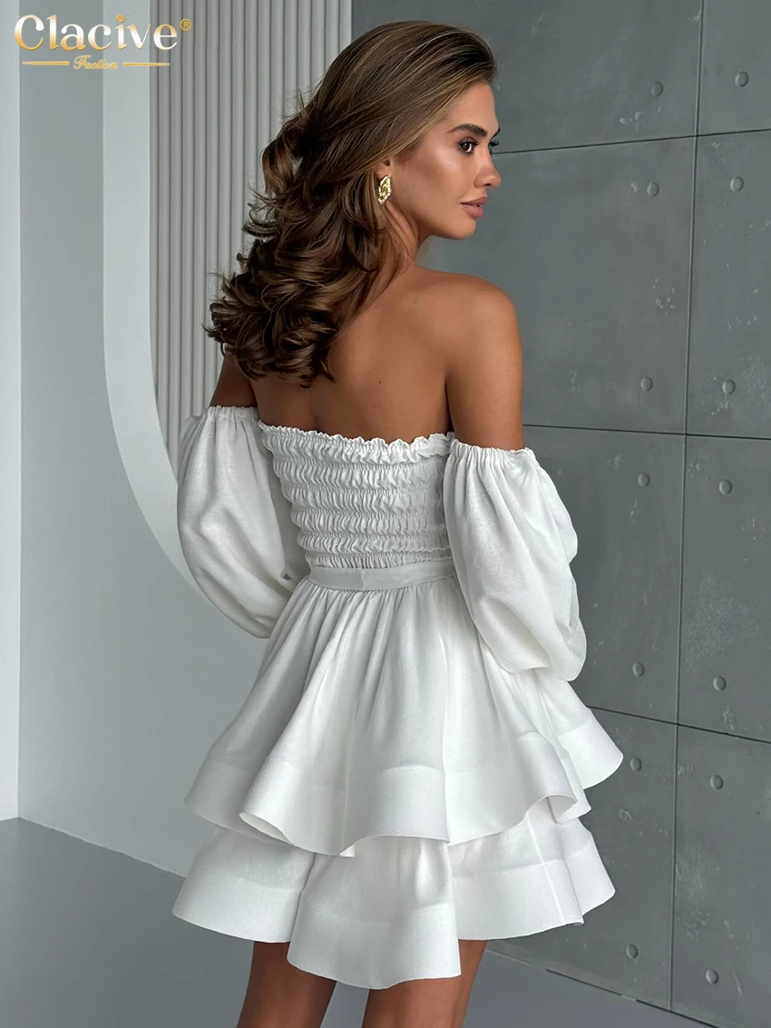 Clacive Sexy Loose White Dress Lady Fashion Slash Neck Long Sleeve Mini Dress Elegant Off Shoulder Pleated Dresses For Women