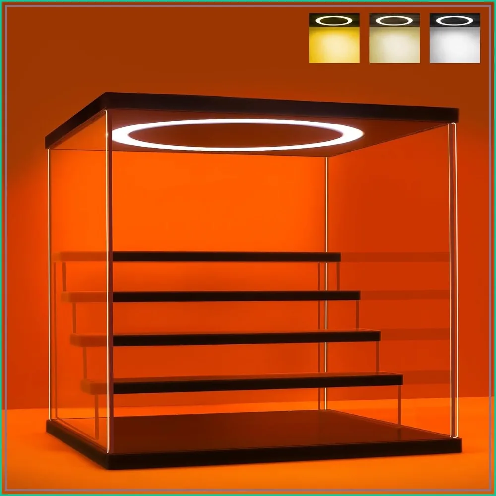 5-Tier Acrylic Display Case with Adjustable LED Light, Dustproof Showcase for Action Figures, Collectibles, Mini Toys, Black 12.5x12.2x11.8in