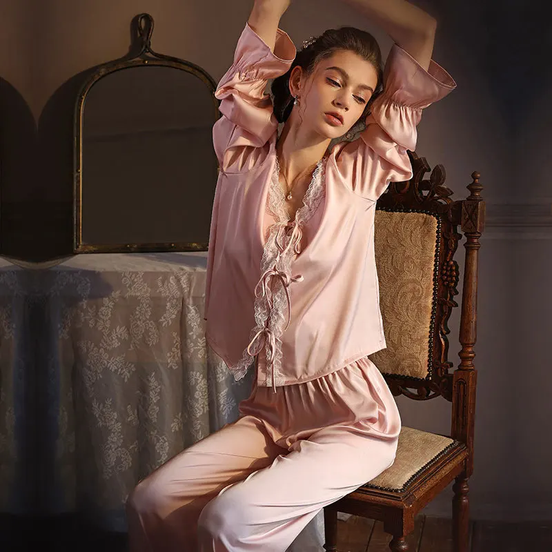 

Women's Satin Thin Home Wear Lace Edge Nightwear Women's Long Sleeved V-Neck Cardigan French Court Style Pajama Set Summer