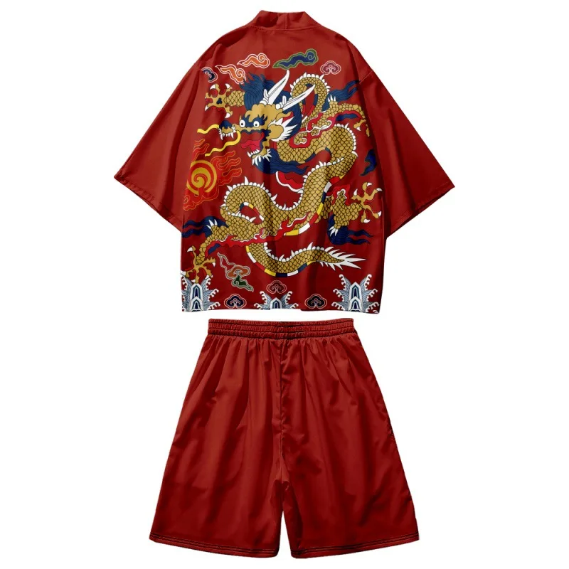 Harajuku Traditional Ukiyo-e Dragon Print Two-piece Suit Women Kimono Shorts Japanese Cardigan Men Cosplay Haori Clothing