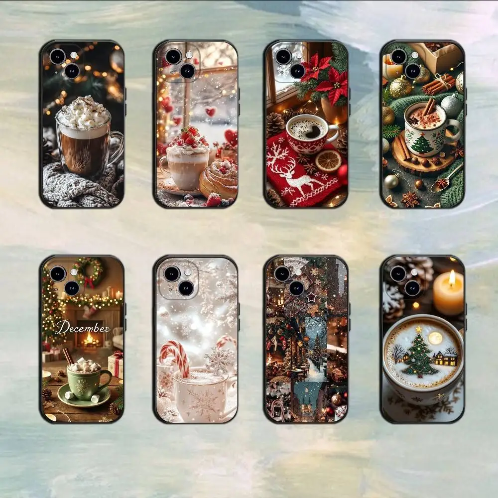 เคสโทรศัพท์ลายคริสต์มาส ลายกาแฟ สำหรับ iPhone รุ่น 17 16 15 14 13 12 11 Mini XS XR X 6S 6 Pro Max Plus สีดำ แบบนิ่ม