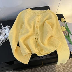 Spring Fall Fashion Girls Sweater Yellow Solid Color Long Sleeves Single Breasted Soft Women Sweaters Cardigan Design