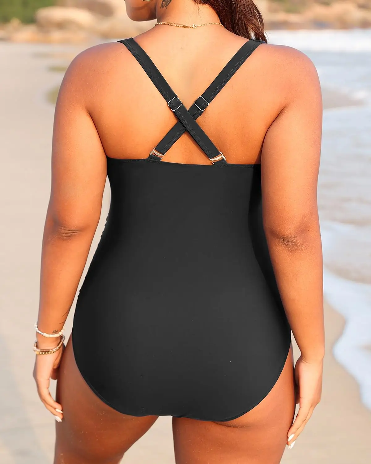 Luxy Trio 여성 플러스 사이즈 원피스 수영복 V 넥 배꼽 컨트롤 수영복 Retro Ruched 수영복