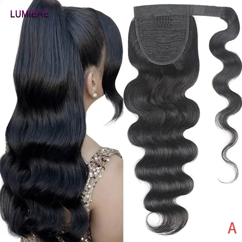

Накладной хвост Body Wave из 100% натуральных человеческих волос, на заколке, натуральный черный цвет, необработанные волосы Virgin Raw, для женщин, 20A