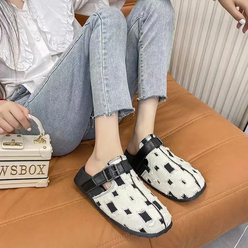 2024 Women's Autumn New Retro Closed Toe Slippers Outer Wear Belt Buckle Denim Lazy Flat Slippers