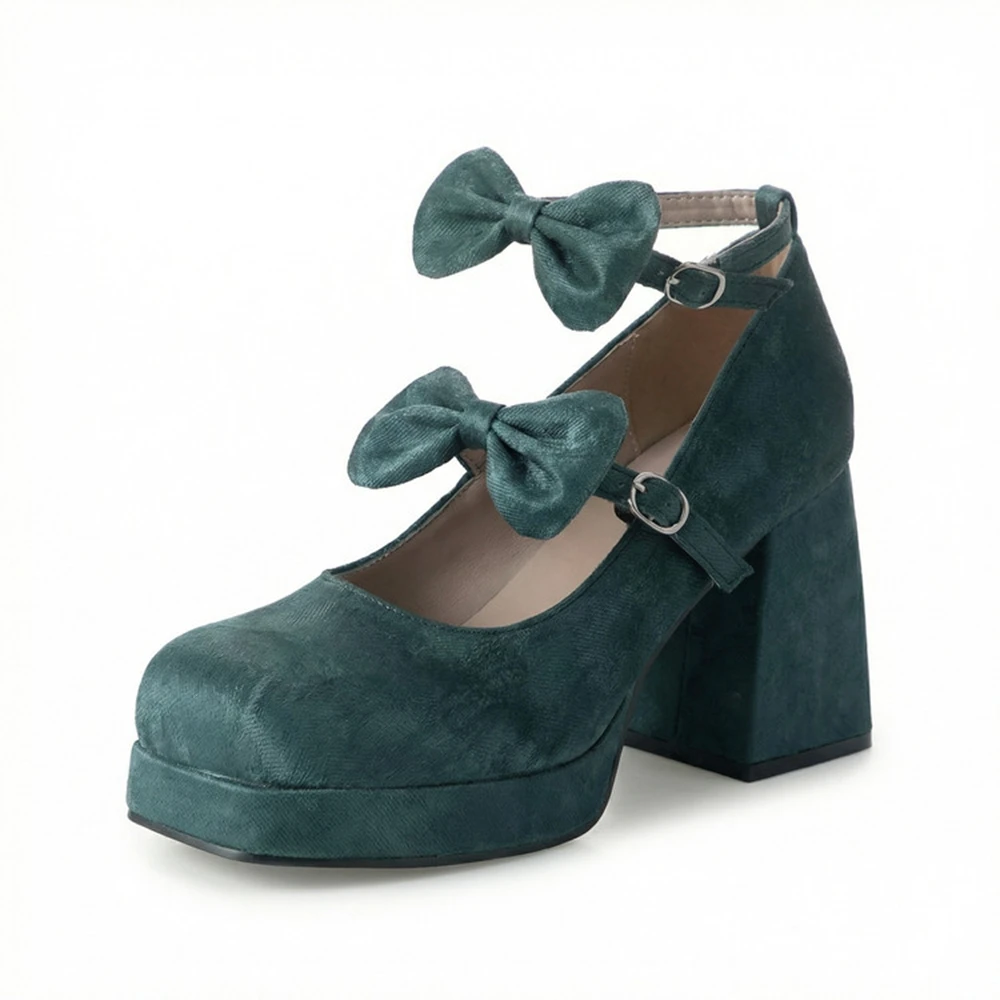 Women's Velvet PU Mary Jane Platform Chunky Heels with Double Bow Plus Size 34-48 Sweet Lolita Shoes 5 Colors Available 7785
