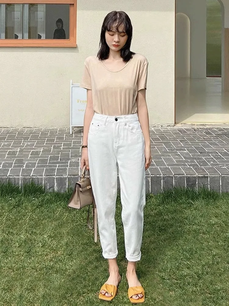 High Waist White Harlan Jeans Women's Pear Body Shape Loose Nine Points Summer New Style Cotton Polyester Spandex Blend Cool ...