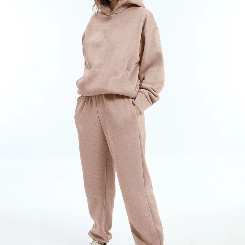 Mùa Thu Của Phụ Nữ Tracksuit Hai Mảnh Đặt Casual Rắn Dài Tay Áo Trùm Đầu Thể Thao Phù Hợp Với Ấm Hoodie Áo Nỉ Dài Quần