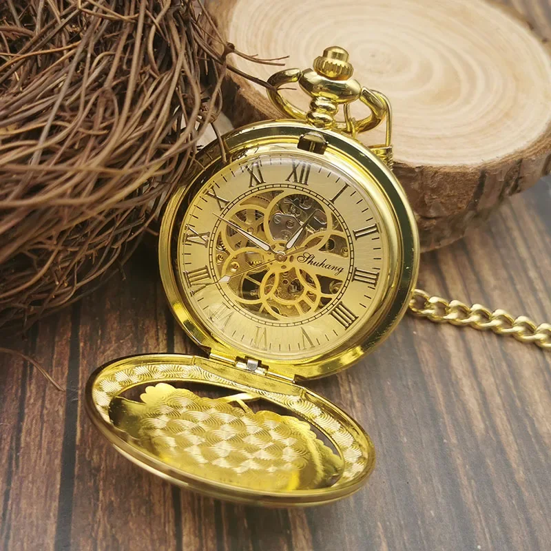 Reloj de bolsillo con esqueleto hueco de oro, pulsera de mano con números romanos de loto, cadena mecánica Vintage, regalo