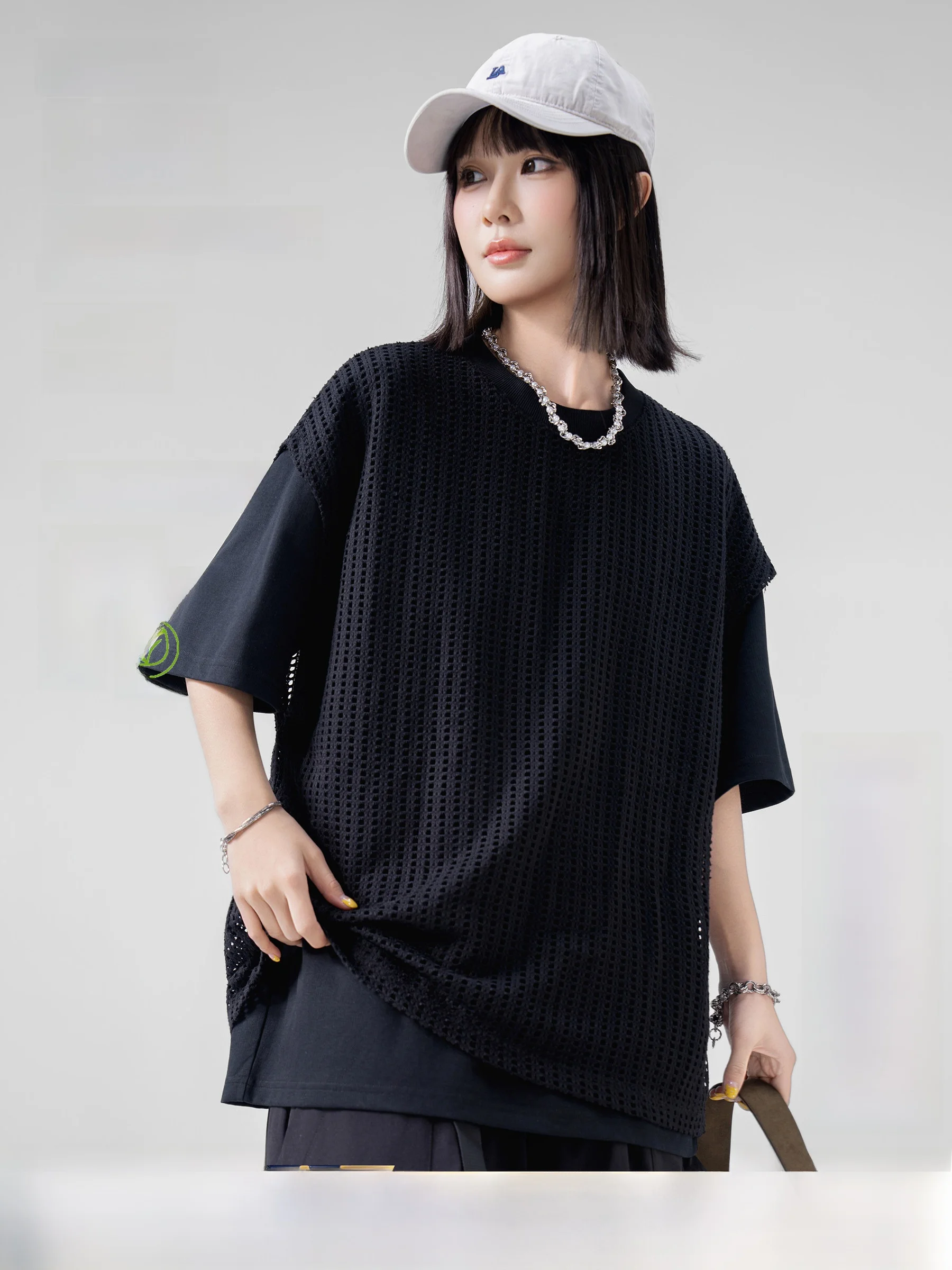 AOGZ Original Hollow out Short Sleeve T-Shirt Unisex Summer Quick Dry Fake Two-Piece Design Removable Cotton Casual Top