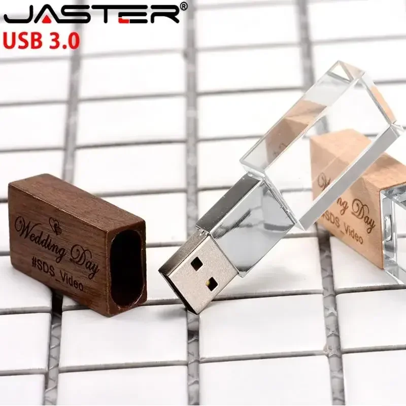 JASTER Wedding Photography Custom LOGO Wooden Crystal Wooden USB 3.0 Flash Drives 64GB 32GB 16GB 4GB Version Memory stick U disk