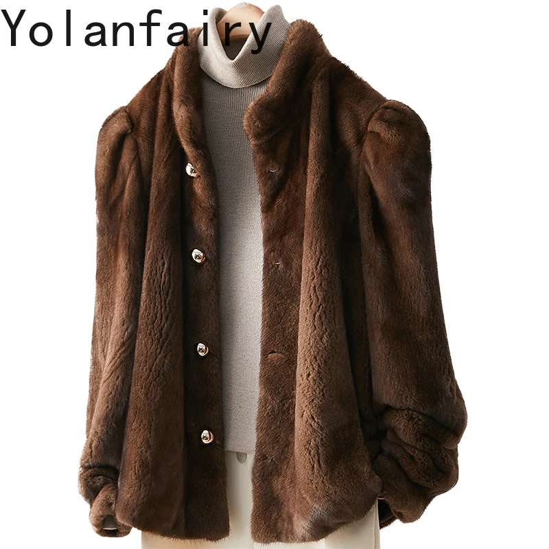 YOLANFAIRY 천연 밍크 퍼 자켓 여성용 2025 가을 겨울 짧은 천연 퍼 코트 여성용 스탠드 칼라 긴 소매 퍼 코트