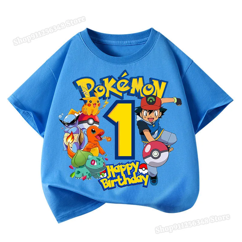 Cartoon Pokemons 1 2 3 4 5 6 7 8 9 10 Print T Shirts Kids Birthday Number Tops Pikachu Boys Girls Clothes Party Wear Outfit Gift