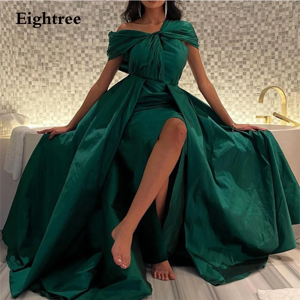 Eightree Dark สีเขียว Evening Dresses 2022ซาอุดีอาระเบีย Slit ปิดไหล่จีบยาวความยาวเสื้อคลุม De Soirée Vestidos de