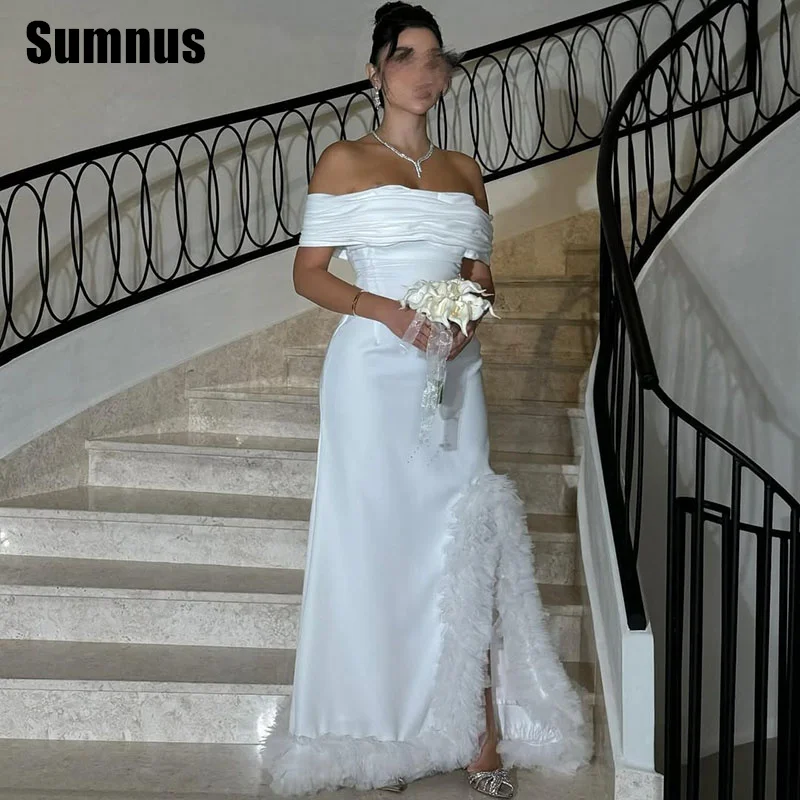 

Sumnus Elegant Satin Mermaid Wedding Dresses Off Shoulder Floor-Length Bridal Gowns Sleeveless Side Slit Bride Dress Customized