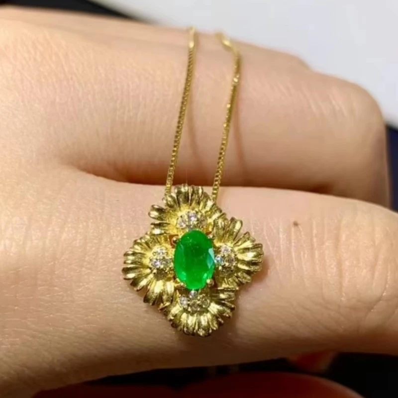 Fine jewelry 925 pure silver inlaid natural emerald girl luxury exquisite oval Chinese style gem pendant necklace support detect