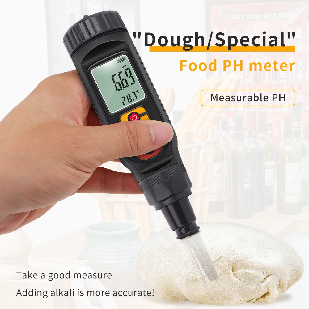 Digital Food PH Meter Water Temp Acidity Tester for Dough Fruit Cheese Meat Bread Soil PH Meter 0.00~14.00 High Accuracy