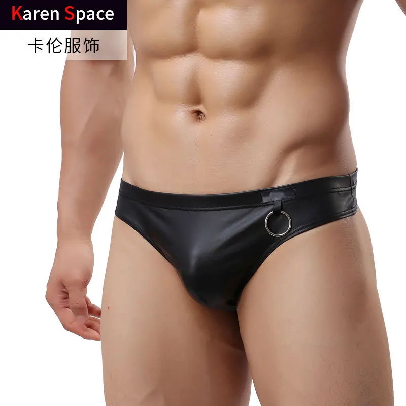 Roupa interior masculina pequena canto plano u convexo grande saco de couro patente imitação anel de ferro sexy sexo roupa interior