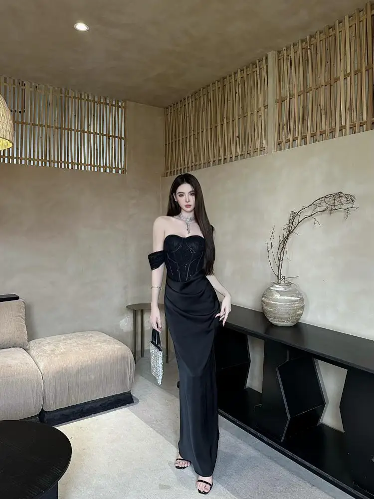 

Summer French Vintage Black Beige Patchwork Lace Elegant Wrap Hip Strapless Long Dress Women's Sexy Club Backless Party Dresses