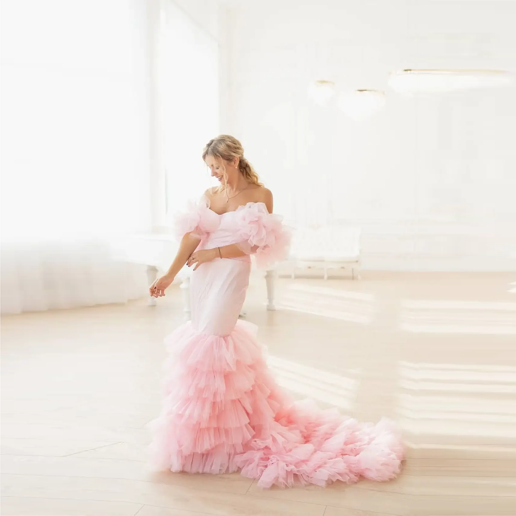 

Photography Lush Party Dresses Pink Mermaid Off The Shoulder Women Dress Tulle Prom Gowns Long Women Dress Maxi Layered