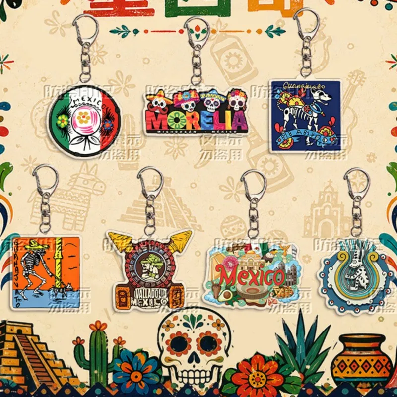 Mexican Mexico City Landmark Pattern Double Sided Print Acrylic Keyring Travel Memorial Backpack Charm Tourist Coco Souvenir