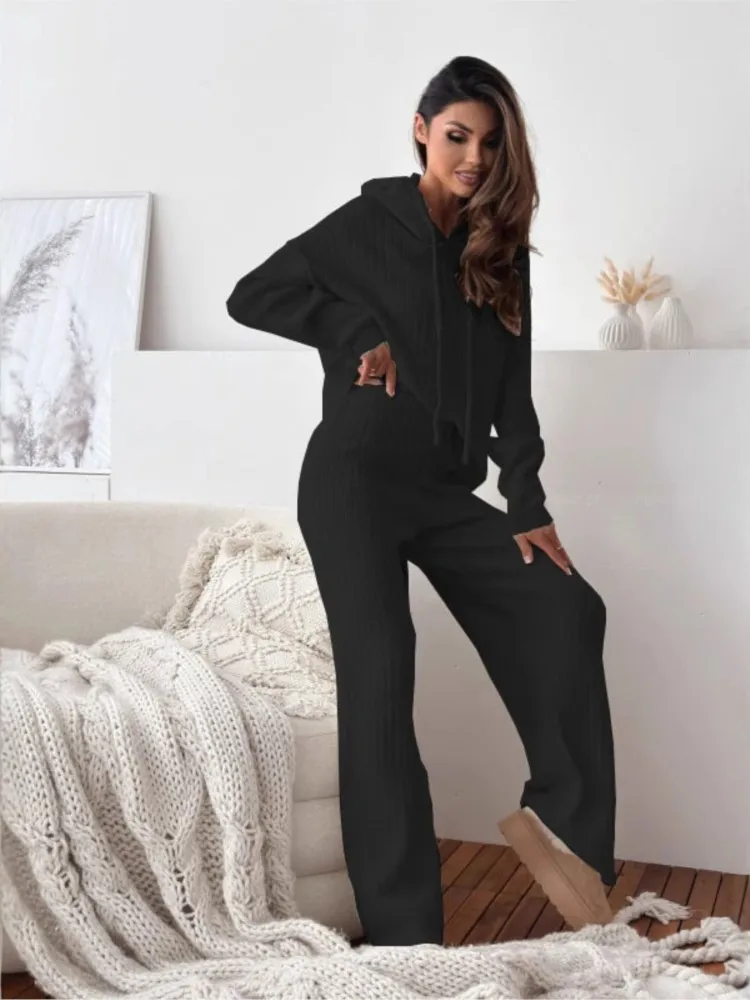 Autumn Winter Casual Solid Color Hooded Knitted Long-sleeved Suit Women\'s Loose Trousers Two-piece Set New Fashion Black Sets