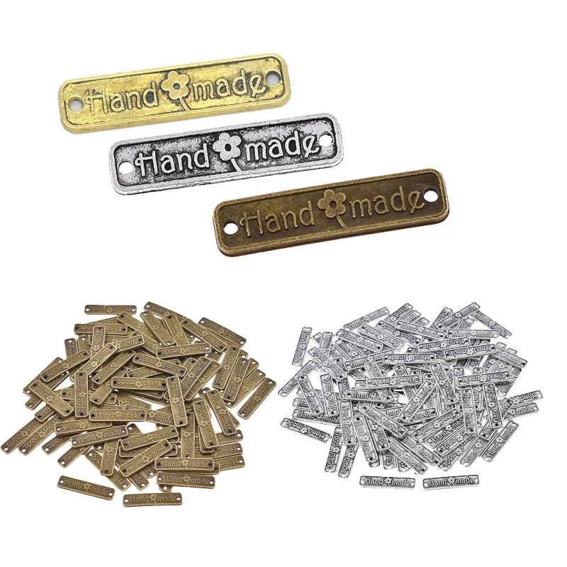 50/100pcs Vintage Metal Handmade Labels Antique Hand Made Letter Tags Clothing Decoration DIY Garment Bags Sewing Accessories