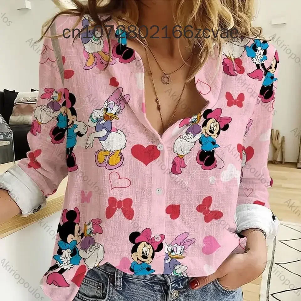 Disney-Camiseta Harajuku ajustada con estampado 3D para mujer, camisa informal de manga larga con botones y solapa de Mickey y Minnie Y2K, novedad de 2024