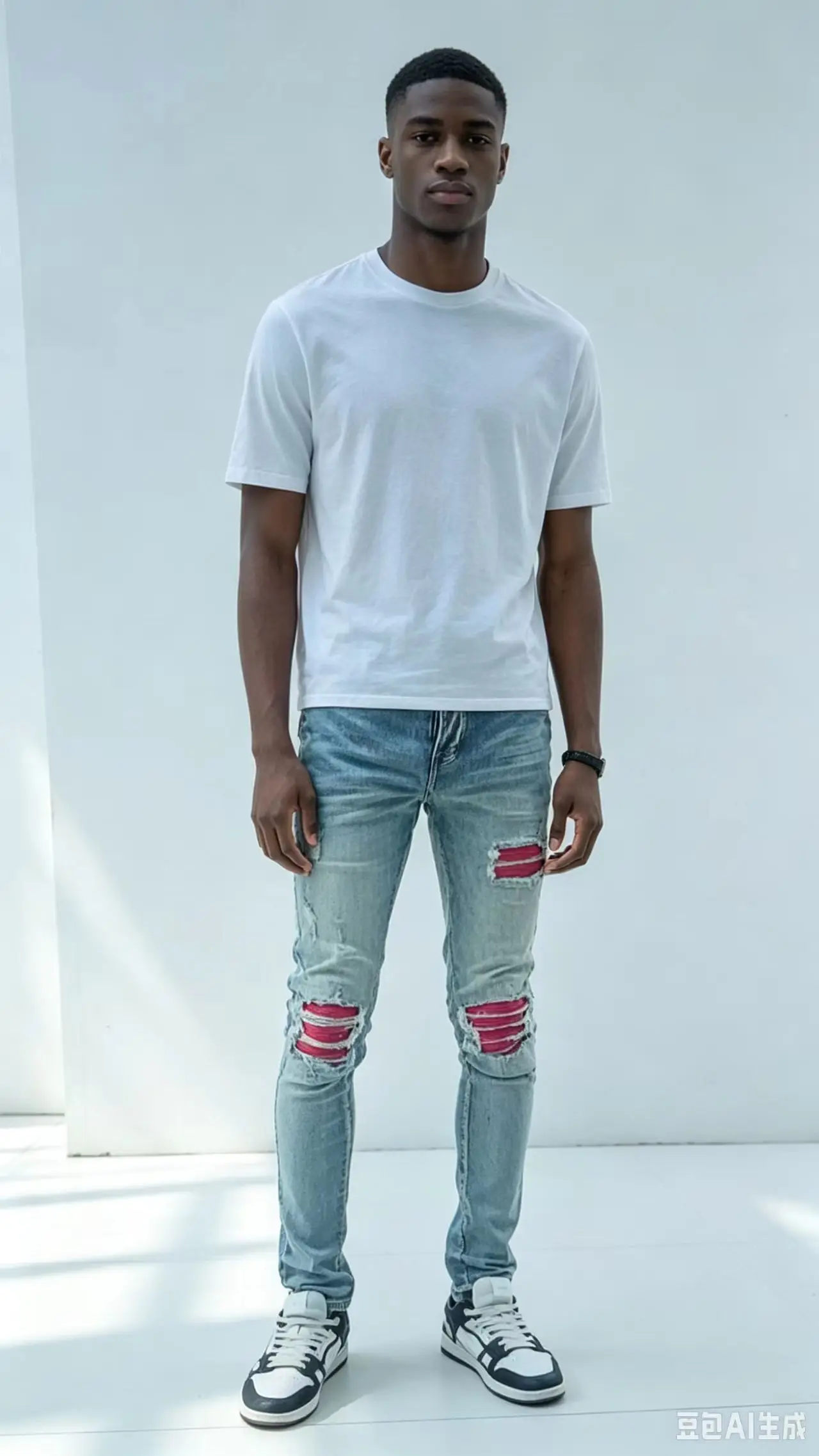 Retro American Fashion Men's Slim Fit Jeans with Holes Elastic Waist Red Patch Light Blue Y2K Style Casual Male Denim Pants