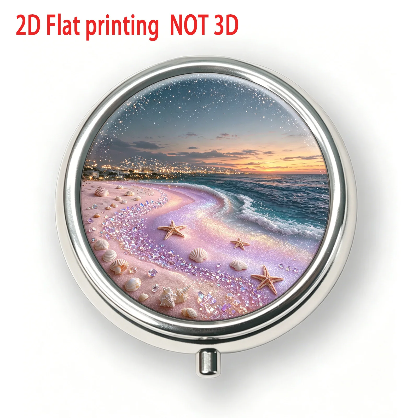 Purple Pink Beach Starfish Seaside Night Scene Pattern, Dreamy Pearlescent Landscape Oil Painting Style Flat Print Pattern Pill Box·Portable Accessory Box·Portable Safety Box·Capsule Box for Storing Regular Medication·Health Essentials·Despite Its Small Size, It Holds Great Value. Easy to Carry·Health Gift·Storage-Friendly·Ideal for Gift-Giving