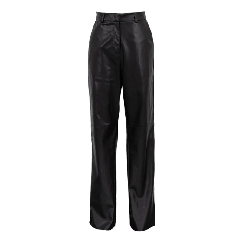 

Women Casual High Waist PU Straight Pants Autumn New High Street Black Black American Simple Fashion Slim Leather Trousers