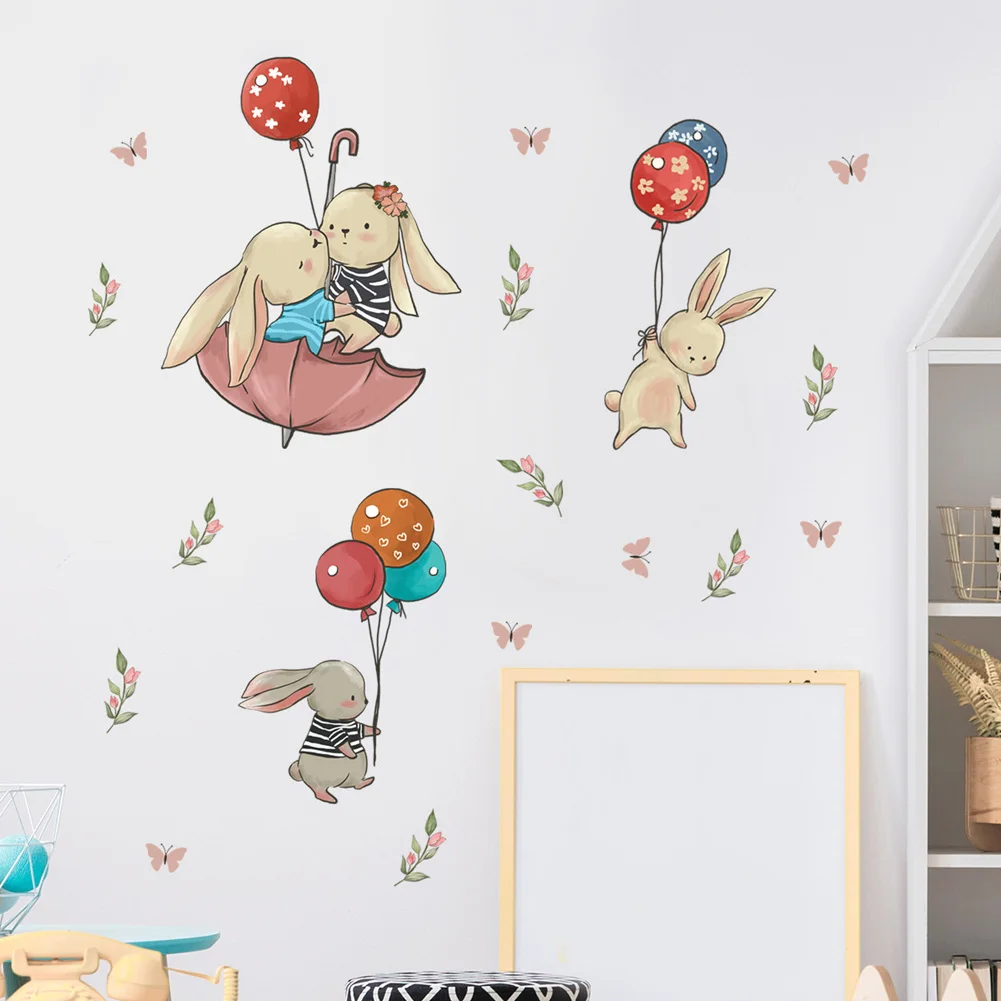 Cartoon Bunny Playing Balloons Wall Sticker Kids Room Background Decor Mural Baby Bedroom Decoration Self-adhesive Home Decals